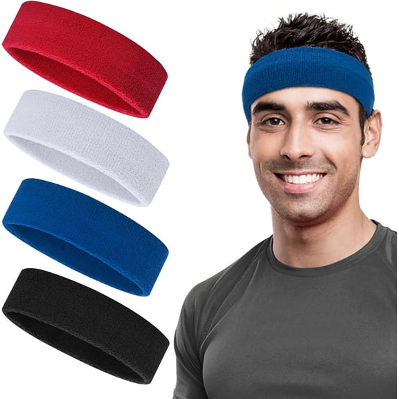 4Pcs Sweatbands Set, Sports Headband for Men & Women, Cotton Sweat Head Bands, Moisture Wicking Athletic Terry Cloth Sweat Band for Tennis,Basketball,Football,Gymnastics,Working Out