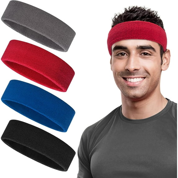 4Pcs Sweatbands Set, Sports Headband for Men & Women, Cotton Sweat Head Bands, Moisture Wicking Athletic Terry Cloth Sweat Band for Tennis,Basketball,Football,Gymnastics,Working Out
