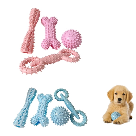 4Pcs TPR Dog Chew Toy Set, Durable Teething Bone and Spiky Ball with Indented Toothbrush Stick for Puppy Aggressive Chewers, Interactive Tug Play Toy for Deep Teeth Cleaning, Pet Boredom Relief Gift