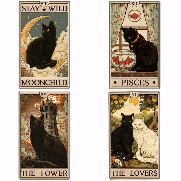 4Pcs Tarot Card Heat Transfer Stickers Black Cat Moonchild Pisces Iron on Transfers Iron on Patches Stickers Washable Sticker Paper