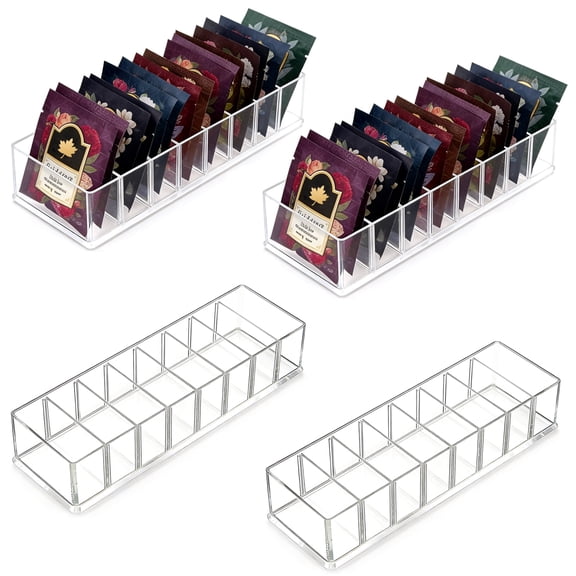 4Pcs Tea Bag Organizer, Clear Plastic Tea Bag Holder with 8 Slot, Tea Packet Storage Box for Drawer, Pantry, Kitchen, Cabinet, Countertop Tea Organizer