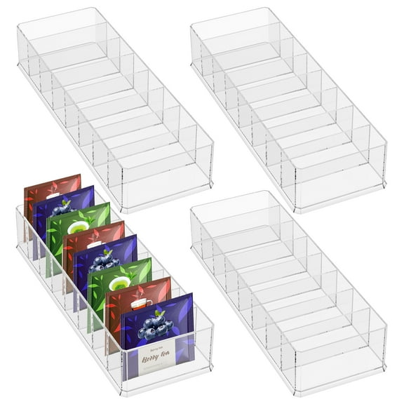 4Pcs Tea Bag Storage Box PS Transparent Tea Packet Drawer Organizer with 8 Divider Large Capacity for Kitchen Cabinet Countertop