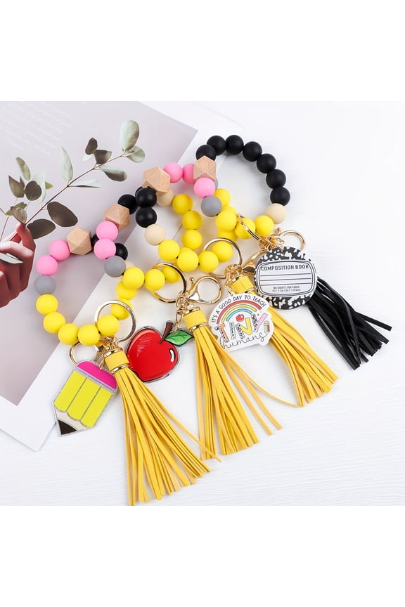 4Pcs Teacher Theme Beaded Wrist Keychain Set, Pencil Apple Notebook Pendant, Anti-Lost Car Key Bag Charm, Perfect for Teachers Day, Graduation & Back to School Gift