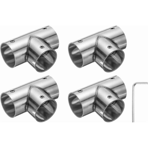 4Pcs Tee Structural Pipe Connectors 3 Way End Rails Clamp with Wrench Stainless Steel Corner Fittings for DIY Shelf Garden Support 1" Fit Dia, Silvery
