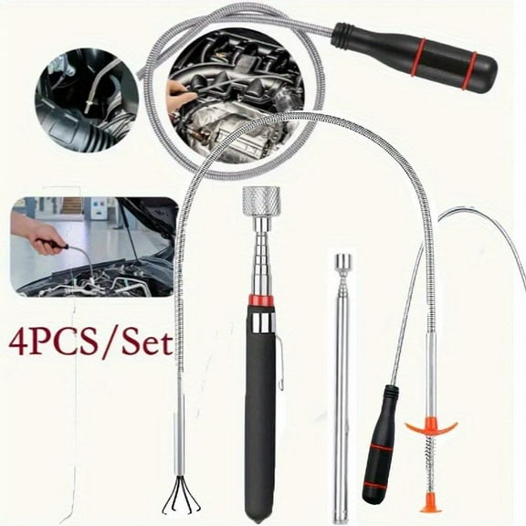 4Pcs Telescoping Magnet Pick-up Tool Set with 4 Claws, Retrieving & Extendable Pickup Tools, Bendable Spring Magnet Stick, Flexible Extra Long Reach Bendable Curve Grabber