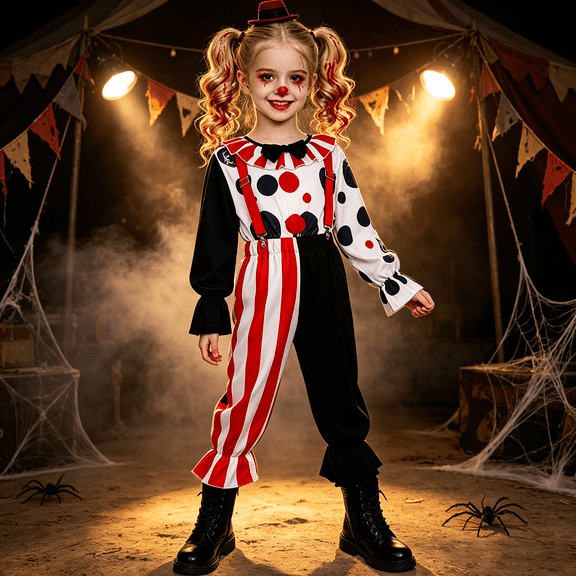 4Pcs Terfer Cos,Halloween Suspender Clown Costume,Polka Dot Striped Creepy Jester Outfit for Carnival,Ruffle Collar Circus Entertainer Suit,Spooky Festive Party Dress Up-Top+Pants+Cap+Suspenders150