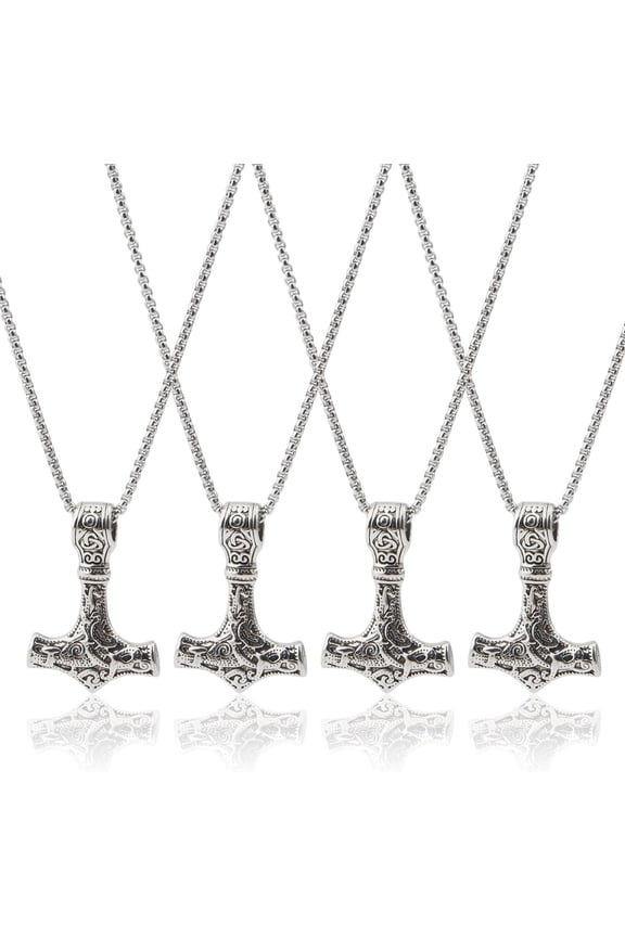 4Pcs Thor's Hammer Necklace with Pendant Retro Vintage Norse Titanium Steel with Box Chains