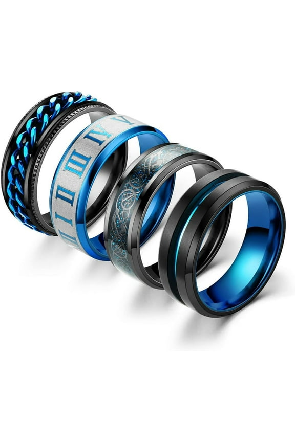 4Pcs Titanium Stainless Steel Spinner Rings Fidget Band Rings for Women Men Black Ring Stress Rings Anxiety for Rings Cool Chain Spinner Rings for Men Wedding Promise Rings Set Size6-11