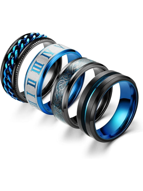 4Pcs Titanium Stainless Steel Spinner Rings Fidget Band Rings for Women Men Black Ring Stress Rings Anxiety for Rings Cool Chain Spinner Rings for Men Wedding Promise Rings Set Size6-11