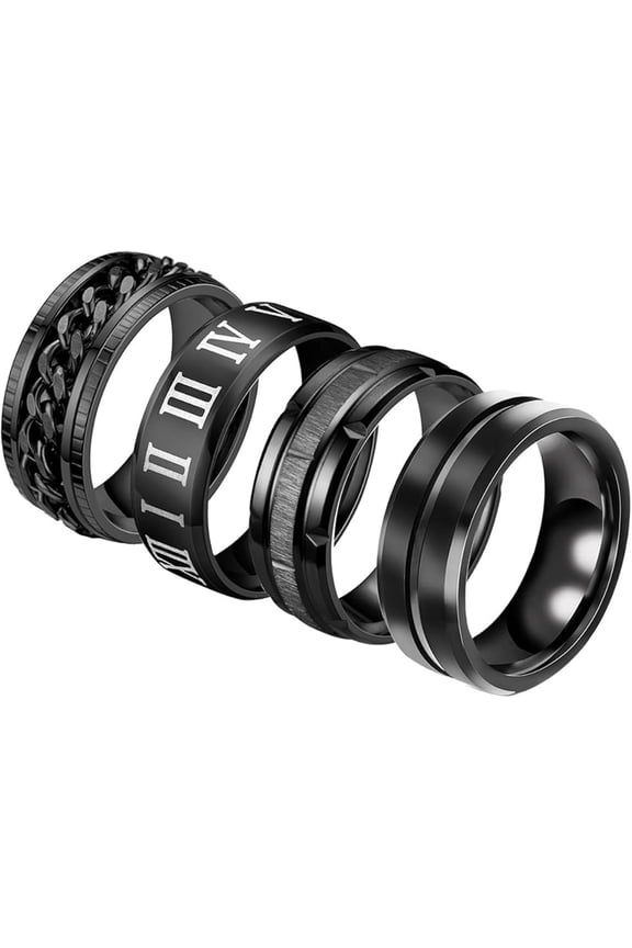 4Pcs Titanium Stainless Steel Spinner Rings Fidget Band Rings for Women Men Black Ring Stress Rings Anxiety for Rings Cool Chain Spinner Rings for Men Wedding Promise Rings Set Size6-11