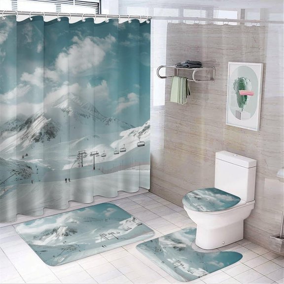 4Pcs Traditional Sports Shower Curtain Set with Rugs, Toilet Lid Cover and Bath Mat, Winter Holiday Tour Snow Mountain Ski Cable Car Bathroom Curtains Decor Shower Curtains, 72" x 72"