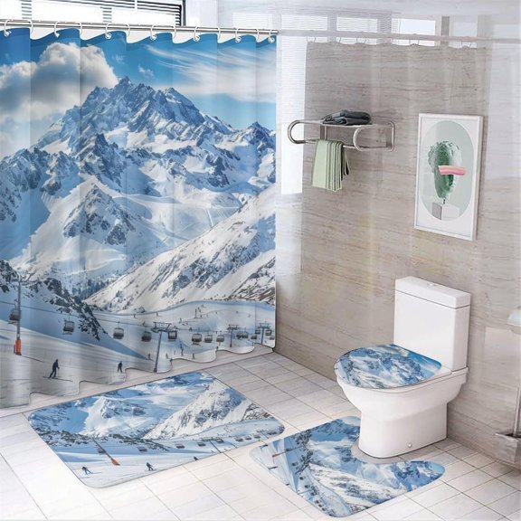 4Pcs Traditional Sports Shower Curtain Set with Rugs, Toilet Lid Cover and Bath Mat, Winter Holiday Tour Snow Mountain Ski Cable Car Bathroom Curtains Decor Shower Curtains, 72" x 72"