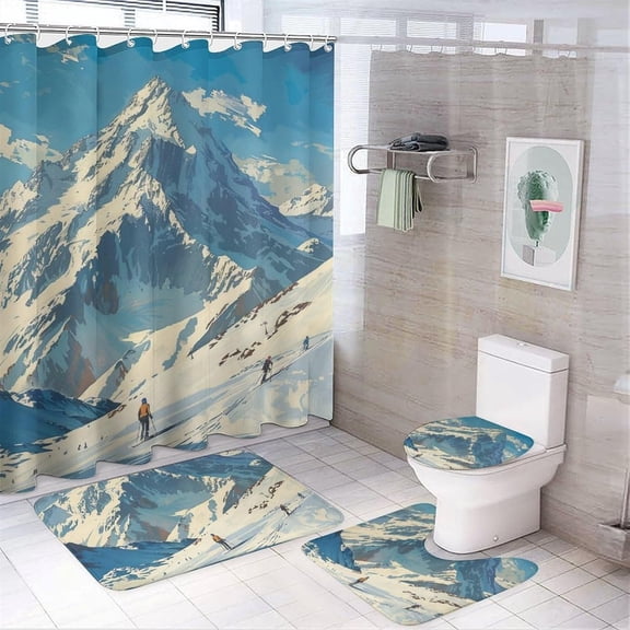 4Pcs Traditional Sports Shower Curtain Set with Rugs, Toilet Lid Cover and Bath Mat, Winter Holiday Tour Snow Mountain Ski Cable Car Bathroom Curtains Decor Shower Curtains, 72" x 72"
