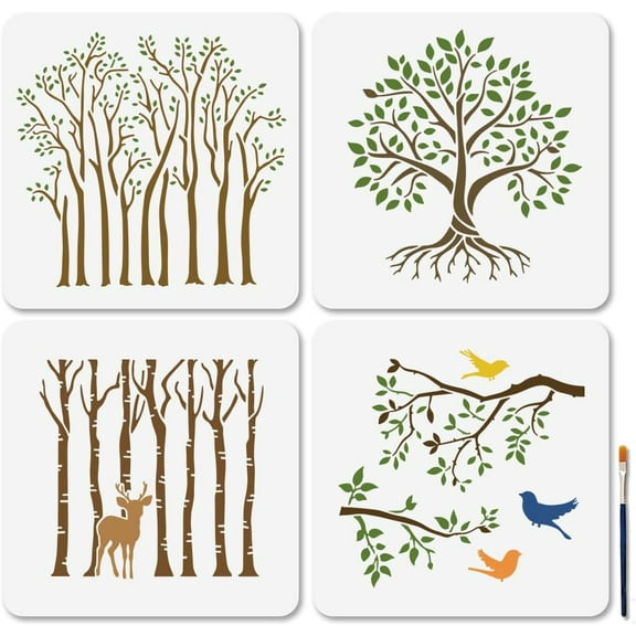 4Pcs Tree Forest Stencils Deadwood Deer Painting Stencil 11.811.8inch Tree Branch Bird Template with Paint Brush Leaf Tree of Life Stencil for Window Wood Wall Home Decor
