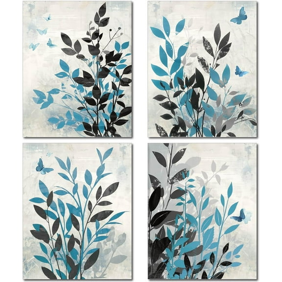 4Pcs Tree Leaf Wall Art Vine Olive Branch Leaf Prints Canvas Poster Rustic Picture Wall Decorations Blue Black Canvas Wall Art Chemical Fiber Oil for Home Bathroom Decor 10x8Inch-Unframed for DIY
