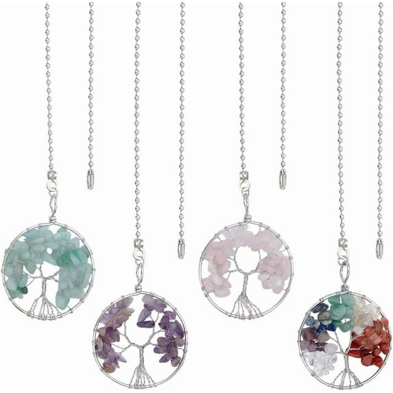 4Pcs Tree of Life Gemstone Ceiling Fan Pull Chain Extenders Amethyst & Green Aventurine Floor Lamp Extension with Ball Chain for Table Lamp Light Decoration