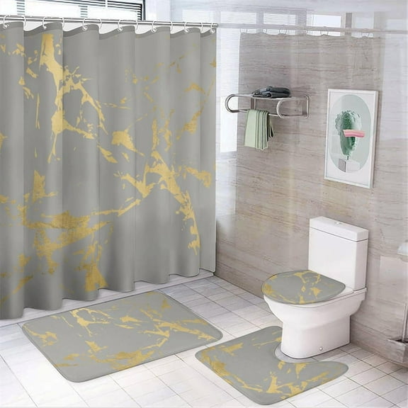 4Pcs Trendy Gold Marble Pattern on Gray Shower Curtain Sets, Bathroom Set Decor with Non-Slip Bath Mat, Toilet Lid Rug and Contour Mat, 72 x 72inch