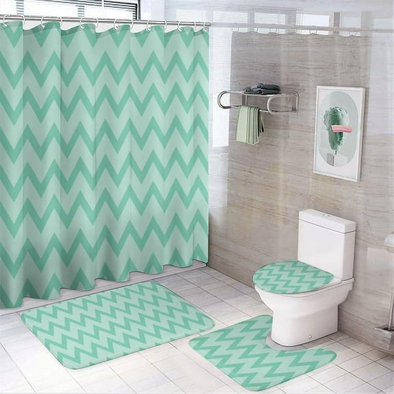4Pcs Trendy Mint Green Chevron Zigzag Shower Curtain Sets, Bathroom Set Decor with Non-Slip Bath Mat, Toilet Lid Rug and Contour Mat, 72 x 72inch