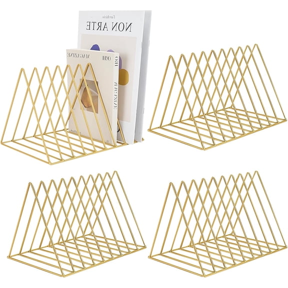 4Pcs Triangle File Holder, 9 Slot Black Magazine Holder, Metal Vinyl Record Storage Stand, Desktop File Organizer Magazine Rack, Bookshelf Organizer for Office Home, Letter Book (Gold) (Gold)
