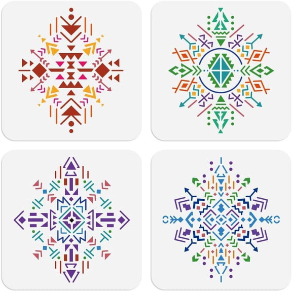 4Pcs Tribal Aztec Art Stencils for Painting 7.8"x7.8" Reusable Spliced Aztec Stencil Drawing Templates Geometric DIY Craft Paint Templates for Wall Home Decor Wood Burning Canvas Journal