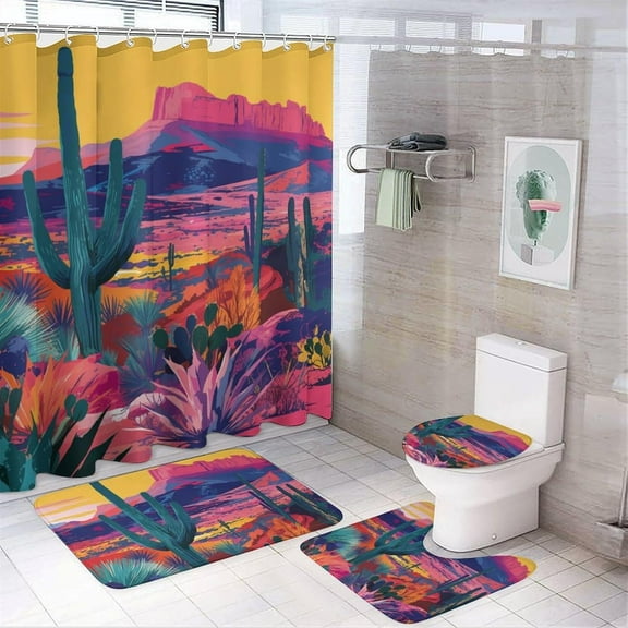 4Pcs Tropical Cactus Shower Curtain Set with Rugs, Toilet Lid Cover and Bath Mat, Desert Colorful Rustic Plants Bathroom Curtains Decor Shower Curtains, 72" x 72"