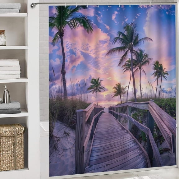 4Pcs Tropical Sea Coastal Shower Curtain Set with Rugs, Toilet Lid Cover and Bath Mat, Nautical Palm Tree Beach Bathroom Curtains Decor Shower Curtains, 72" x 72"