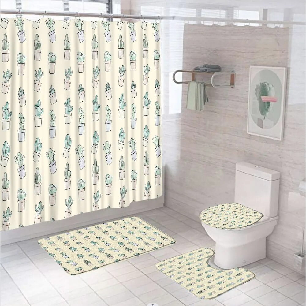 4Pcs Tropical Succulent Plant Floral Shower Curtain Set with Rug Toilet