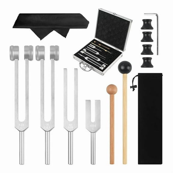 4Pcs Tuning Fork Set(128Hz, 136.1Hz, 528Hz, 4096Hz) for Healing Chakra,Sound Therapy,Reliever Stress,Silver