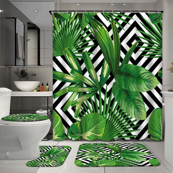 4Pcs Turquoise and Green Palm Leaves Shower Curtain Set with Rugs for Bathroom Decor,Tropical Leaves Bathroom Shower Curtain Sets,Nature Art Bathroom Sets with Shower Curtain and Rugs