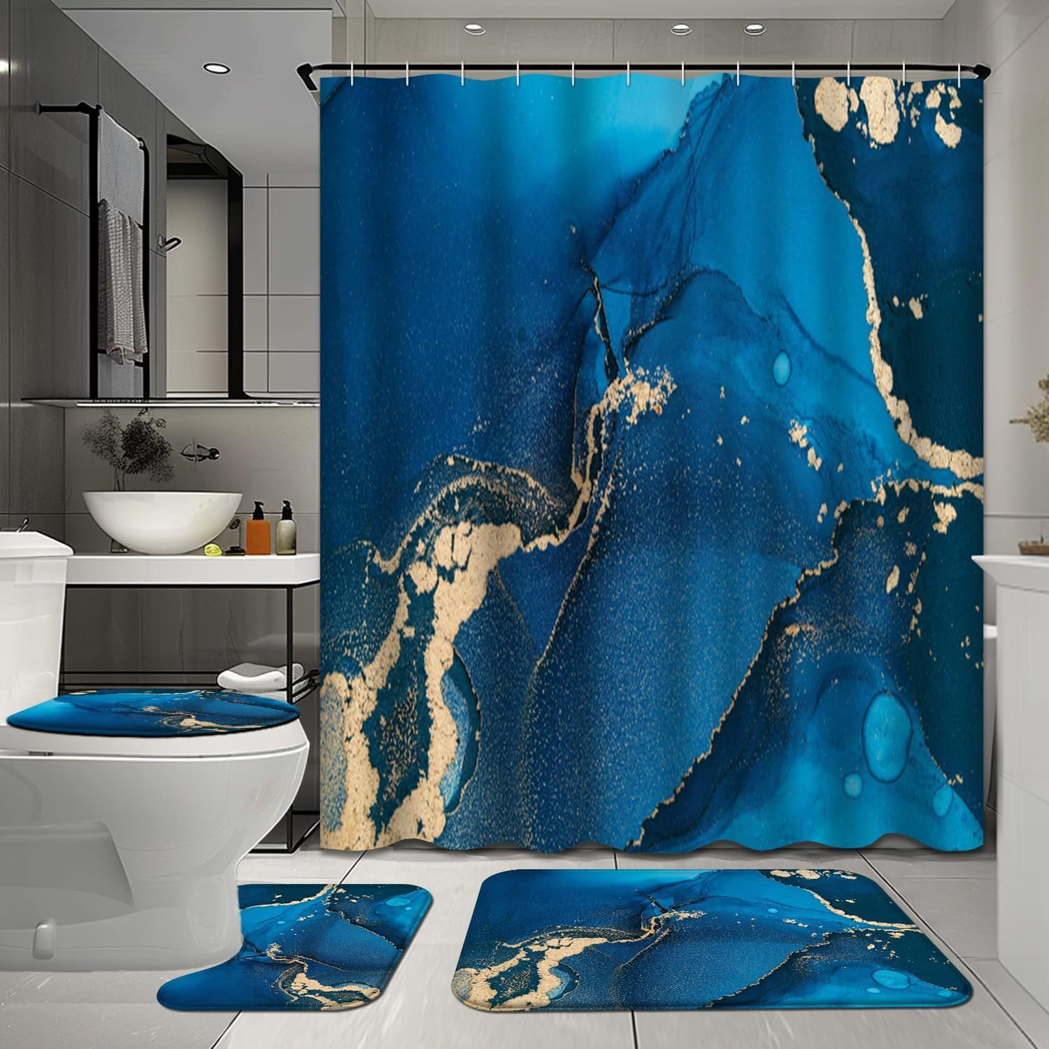 4Pcs Turquoise and Green Palm Leaves Shower Curtain Set with Rugs for