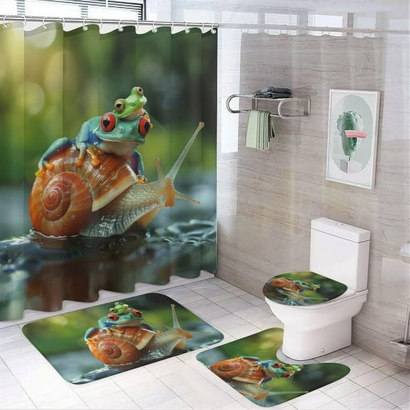 4Pcs Two Frog Shower Curtain Set with Rugs, Toilet Lid Cover and Bath Mat, Rainforest Snail Funny Animal Bathroom Curtains Decor Shower Curtains, 72" x 72"