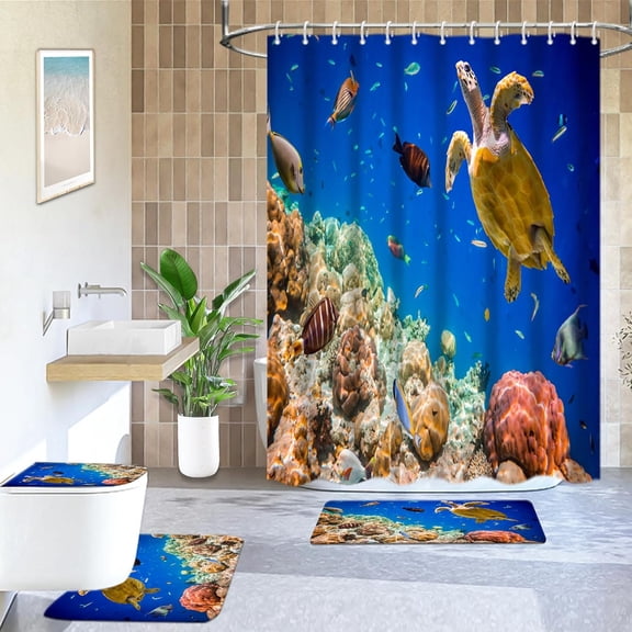 4Pcs Under Sea Shower Curtain Sets with Rugs, Whale Fish Algae Shells Bathroom Sets with Shower Curtain and Rugs and Accessories