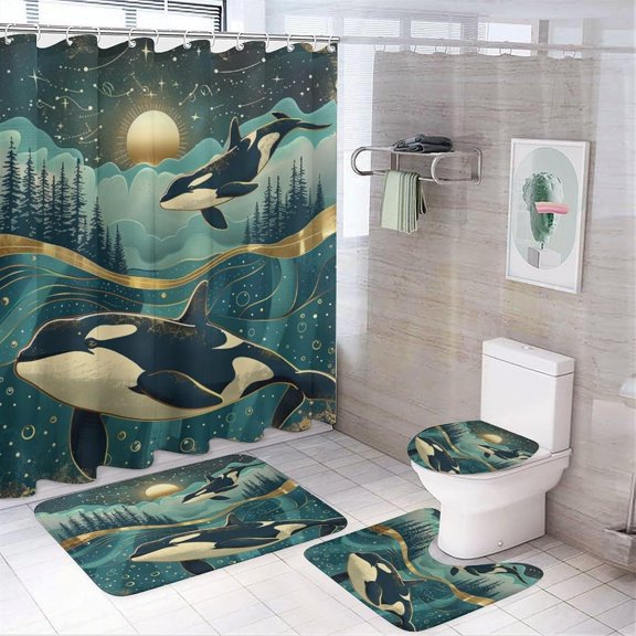 4Pcs Underwater Orcas Whale Shower Curtain Sets, Starry Sky Star Moon Shower Curtain Sets with Toilet Lid Cover, U-Shaped Mat and Non-Slip Rugs, Bathroom Decor Set, 72" x 72"