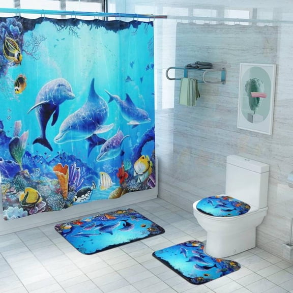 4Pcs Underwater World Shower Curtain Sets with Non-Slip Rugs,Toilet Lid Cover and Bath Mat, Dolphin Waterproof Bath Curtains with 12 Hooks