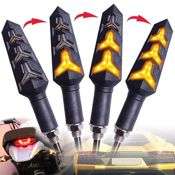 4Pcs Universal Motorcycle Turn Signals, LED 12V 3 Wire Flowing Indicator Lights 14 Bulbs, Compatible with Motorbike Scooter Quad Cruiser, Black