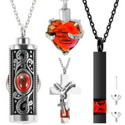 BXMAVOJ 4Pcs Urn Necklace Set Stainless Steel Cremation Jewelry Heart Cylindrical Cross Rectangular Ashes Keepsake Waterproof Urn Memorial Pendant for Men Women