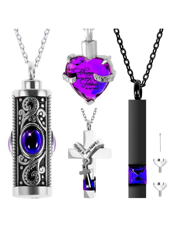 4Pcs Urn Necklace Set Stainless Steel Cremation Jewelry Heart Cylindrical Cross Rectangular Ashes Keepsake Waterproof Urn Memorial Pendant for Men Women