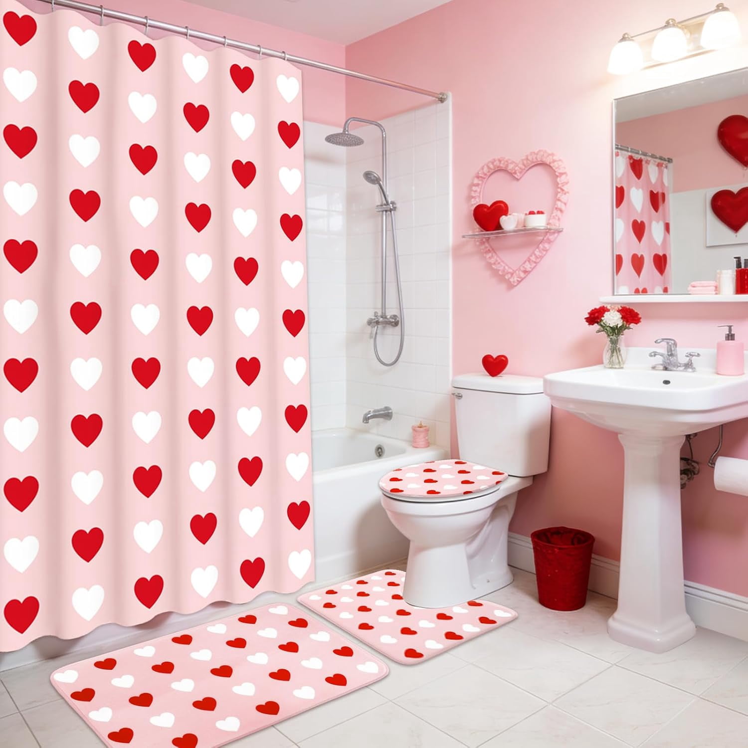 4Pcs Valentine's Day Bathroom Set Pink Red White Heart Non-Slip Bath Mat U-Shaped Toilet Rug Toilet Lid Cover Shower Curtain with Hooks for Home Hotel Accessories Decoration