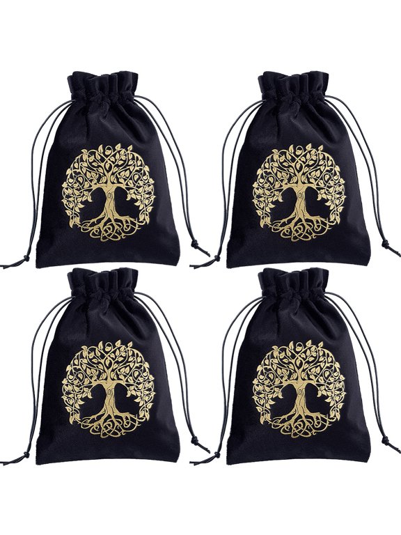 4Pcs Velvet Packing Pouches Drawstring Bags Rectangle with Pattern Black Tree of Life 18.2x12.8~13.5x0.2cm