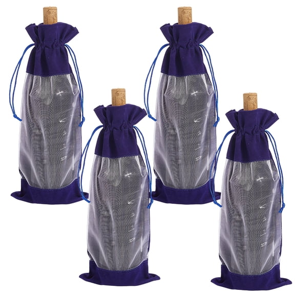 4Pcs Velvet Wine Bags with Drawstring Rectangle Dark Slate Blue Champagne Wine Bottle Gift Bags with Sheer WindowDIY