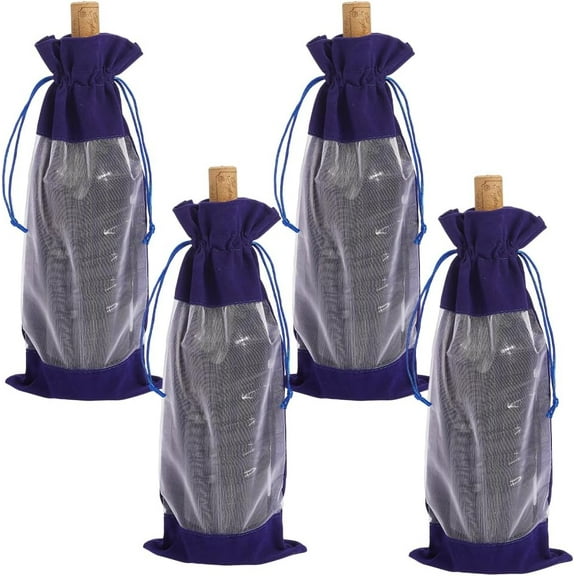 4Pcs Velvet Wine Bags with Drawstring Rectangle Dark Slate Blue Champagne Wine Bottle Gift Bags with Sheer Window