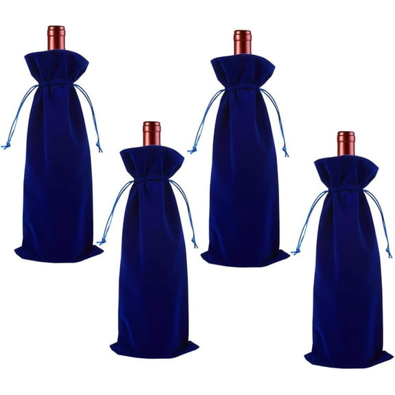 4Pcs Velvet Wine Bottle Gift Bags Drawstring Champagne Pouches Reusable Congrats Gift Favor Wrapping Bags 14.76x5.98in for Birthday Dinner Wedding Party Blue