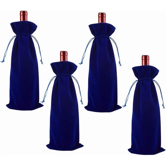 4Pcs Velvet Wine Bottle Gift Bags Drawstring Champagne Pouches Reusable Congrats Gift Favor Wrapping Bags 14.76x5.98in for Birthday Dinner Wedding Party Blue DIY