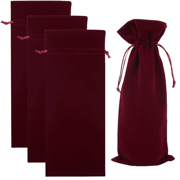 4Pcs Velvet Wine Bottle Packing Pouches Drawstring Bags Rectangle Dark Red 37.5x15.2x0.7cm