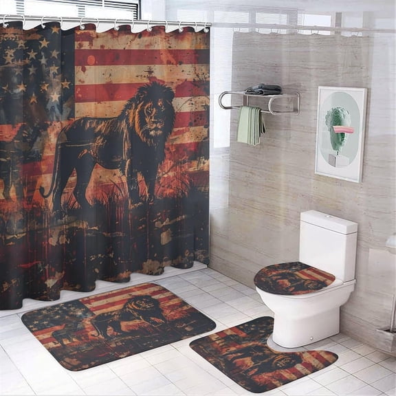4Pcs Lion American Flag Shower Curtain Set with Toilet Lid Cover Non-Slip Rugs for Bathroom, Retro USA African Animal Shower Curtain Bathroom Sets with Hooks, 72x72 Inch