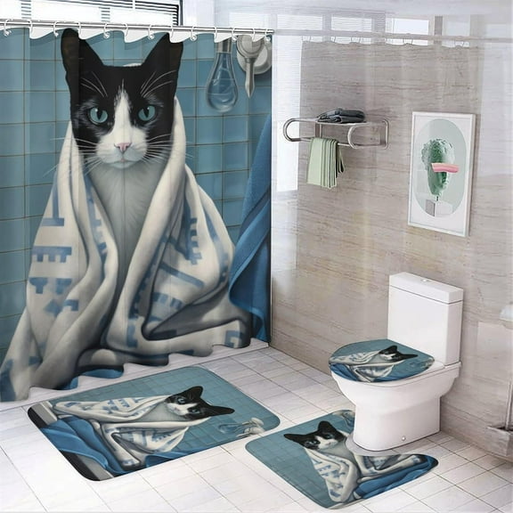 4Pcs Vintage Cat Shower Curtain Sets with Non-Slip Rugs, Toilet Lid Cover and U Shape Bath Mat, Vase Plant Black Smart Animal Bathroom Sets Waterproof Shower Curtains with 12 Hooks