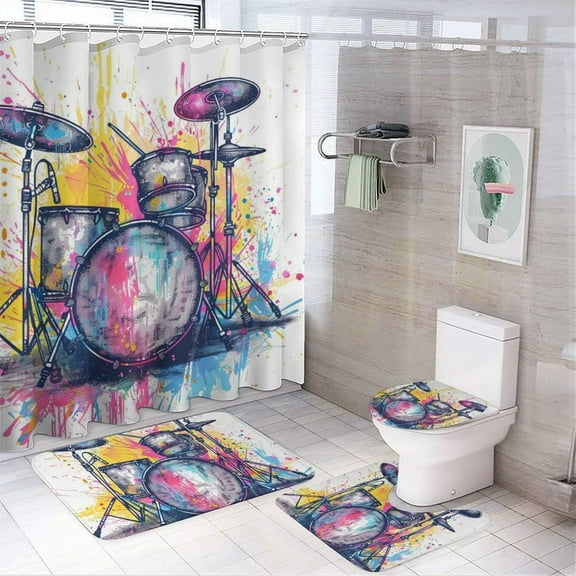 4Pcs Vintage Drum Kit Shower Curtain Sets with Rugs, Toilet Lid Cover and Bath Mat, Glam Colorful Rock Music Bathroom Shower Curtains Set with 12 Hooks