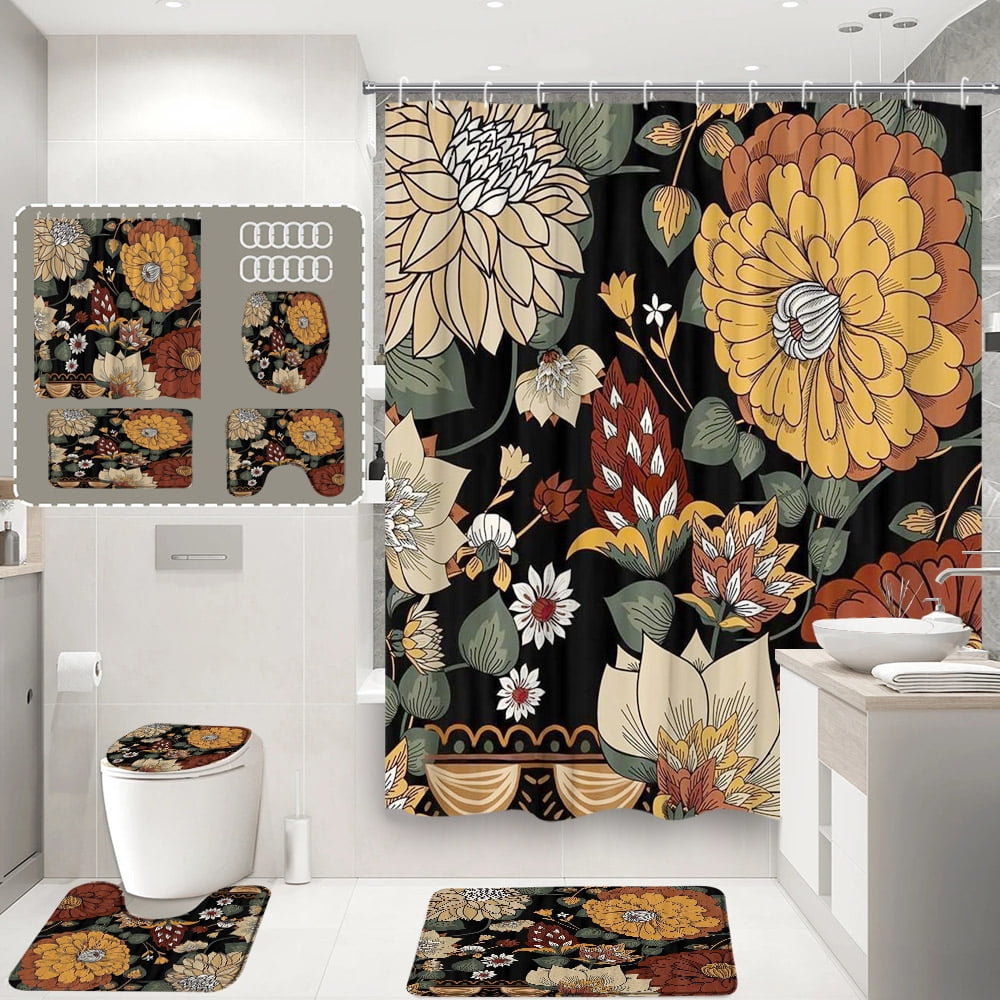 4Pcs Vintage Floral Shower Curtain Bohemian Botanical Leaf Farm