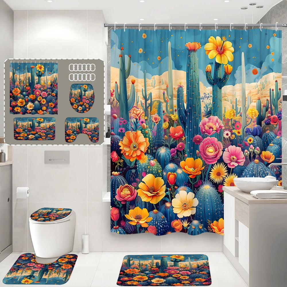 4Pcs Vintage Floral Shower Curtain Bohemian Botanical Leaf Farm