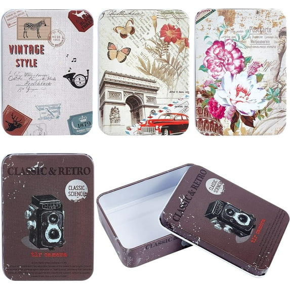 4Pcs Vintage Metal Tin Box Gift Card Holder Rectangular Tinplate Box Containers Christmas Small Wrap Boxes with Lids Hinged Storage Cans for Home Kitchen Candles Jewelry Coin Cake Biscuits